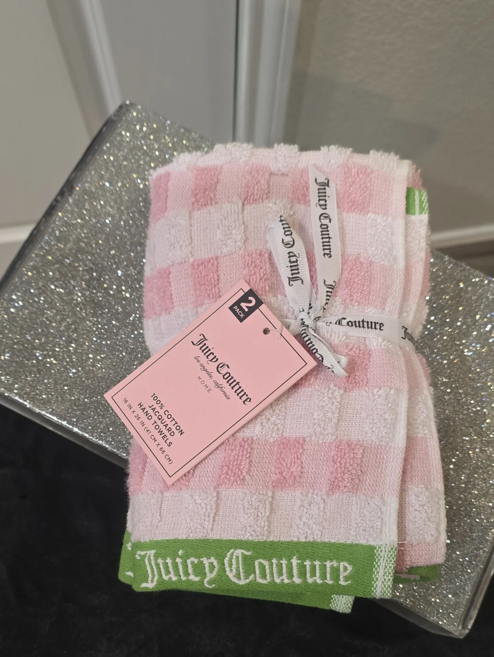 Juicy Couture Home Pink, White & Green Check Logo Cotton Jacquard Hand Towels